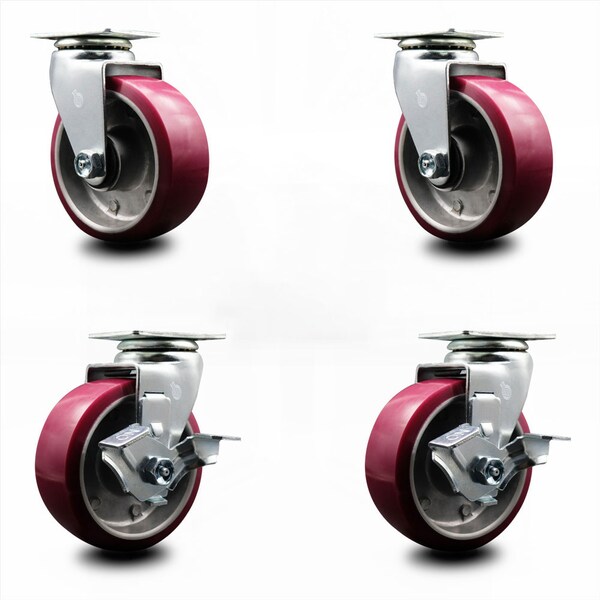 5 Inch Poly on Aluminum Swivel Caster Set with Ball Bearings 2 Brakes SCC